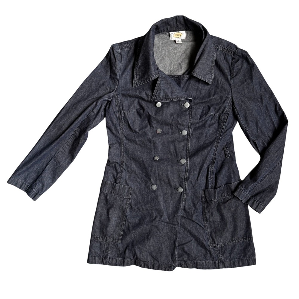Vintage Double Breasted Denim Y2K Jacket Womens 4 Blue Military Band Indie Midi